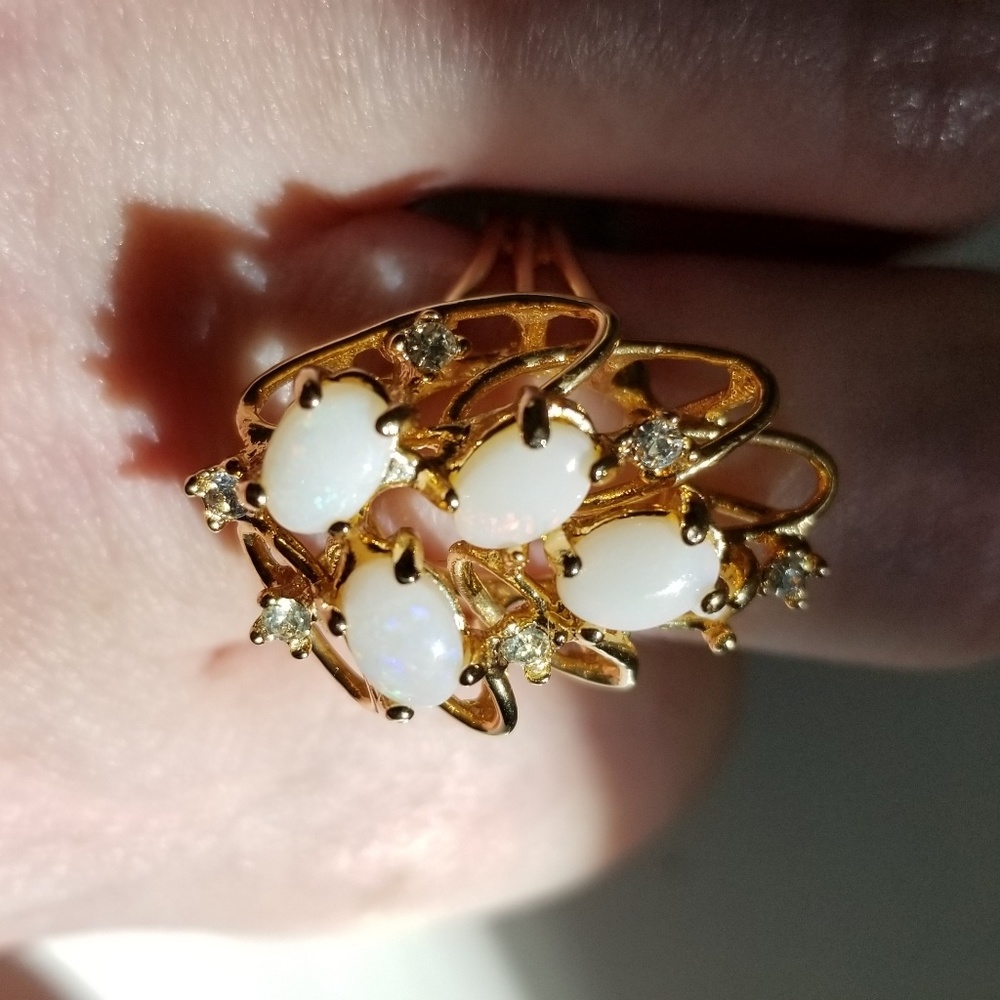 Genuine Opal and Diamond/CZ(?) Cluster Ring-18K gold electroplate(stamped)-As Is